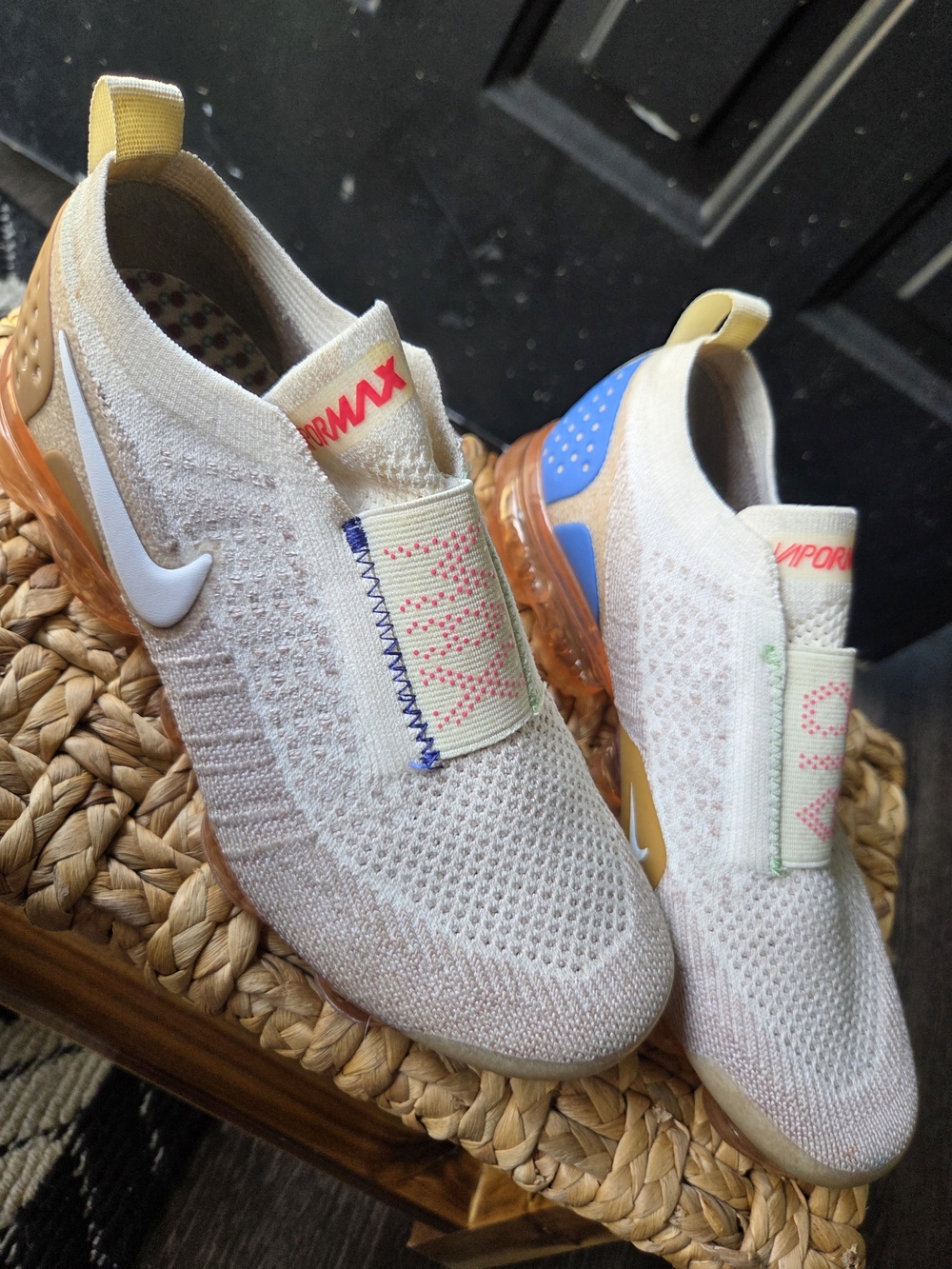 Nike Kids Air VaporMax Slip-On Sneakers in Cream with Blue & Orange Accents